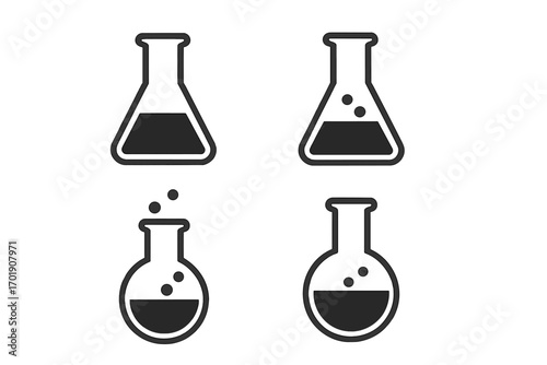 Chemistry lab glassware icon set. Erlenmeyer and Florence flask with bubbling liquid. Science experiment, chemical reaction symbol. Research vector pictogram for logo.