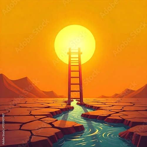Abstract Ladder Reaching Glowing Sun Above Cracked Ground – Symbol of Hope