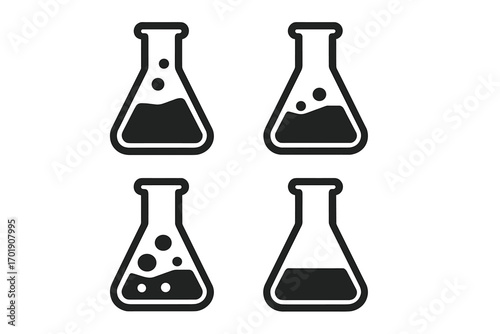 Science lab flask icon set. Chemistry glassware, beaker with liquid, bubbles. Vector illustration for experiment, research, chemical reaction. Minimalist outline symbol design.