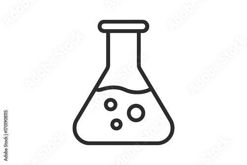 Science lab flask line icon. Erlenmeyer flask with liquid and bubbles vector. Chemistry, research, experiment symbol. Scientific glassware, laboratory equipment outline.