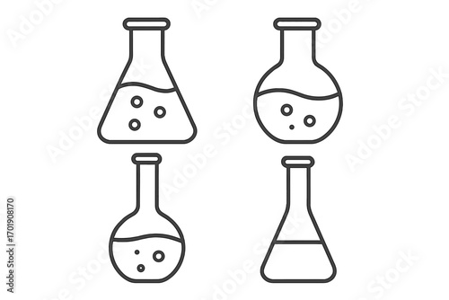 Set of laboratory flasks and beakers, outline icons. Chemistry, science, experiment concept. Vector illustration of chemical lab glassware with liquid for research or education.