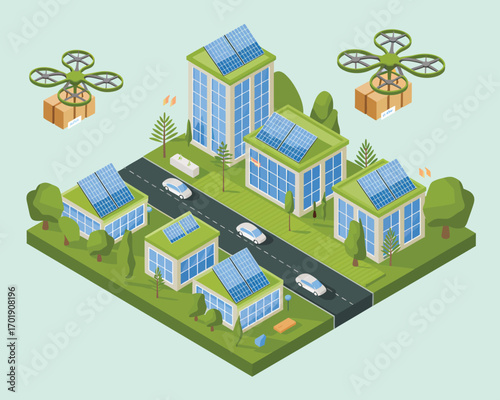 Isometric view of a futuristic city with drone delivery services and smart buildings