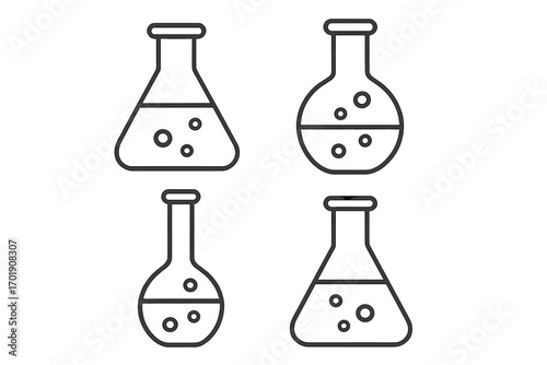 Set of laboratory flasks outline icons. Chemical lab equipment for science, chemistry, experiment, research. Vector illustration of beakers, test tubes with liquid, bubbles.