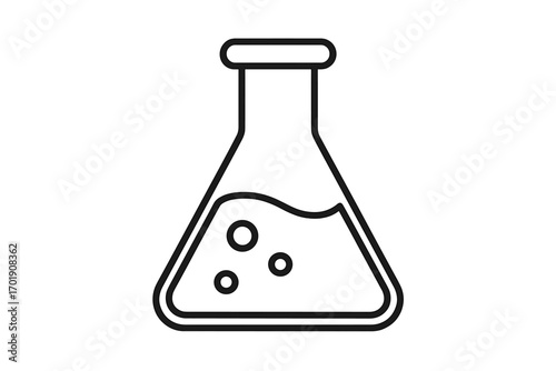 Laboratory flask outline icon for science and chemistry. Vector linear illustration of a beaker with liquid for research, experiment, and education. Simple chemical test concept.