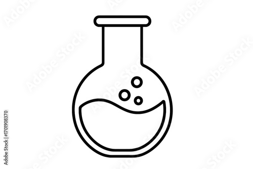 Laboratory flask outline icon. Science, chemistry, research concept. Chemical lab equipment symbol. Vector illustration of a beaker with liquid and bubbles for experiment.