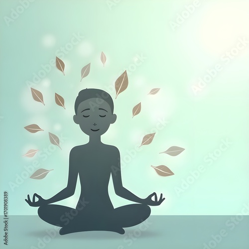 Meditation silhouette with floating leaves, World Mental Health Day calm awareness concept