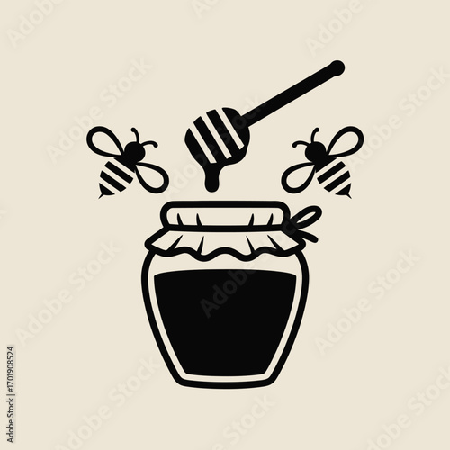 Simple black silhouette of honey jar with bees and dipper