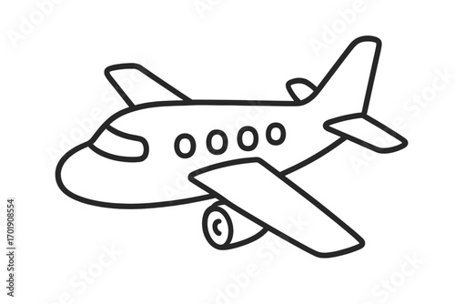 Airplane line art vector, travel and transport icon. Simple plane outline, cartoon drawing for graphic design, web, app, logo, or kids coloring book page. Flight symbol.