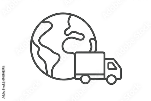 Worldwide shipping and global logistics concept. International delivery service with truck and planet earth. Freight transport and cargo distribution vector line icon for web.