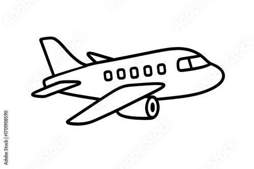 Airplane outline vector. Simple plane linear icon. Commercial jet in flight for travel, transport, tourism concepts. Cartoon sketch illustration for web, app, logo design.