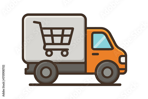 Delivery truck shopping cart icon. E-commerce online shopping concept. Logistics and shipping service symbol. Fast delivery van vector illustration for web, app, business.