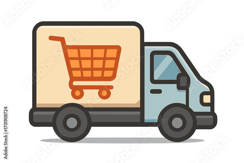 Delivery truck icon with shopping cart. E-commerce online shopping concept. Fast shipping service. Logistics and transportation symbol for web, mobile apps. Vector cartoon.