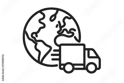 Global delivery service icon. Worldwide shipping and logistics concept. Fast delivery truck on planet earth background. International transport and freight symbol for web, apps.