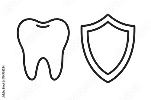 Tooth and shield icon for dental care. Metaphor for dental protection, health, insurance, and oral hygiene. Vector symbol for dentistry, stomatology, clinic, and safety.