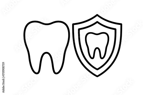 Dental protection icon set. Tooth safety and security symbol. Oral hygiene and health care concept. Strong teeth guard. Dentistry and medical vector illustration for logo, app.