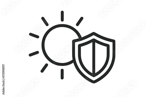 Sun protection icon with shield. UV defense symbol for sunblock, sunscreen, and skincare concept. SPF safety sign for summer heat protection. Dermatology vector illustration.