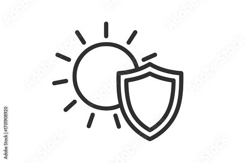 Sun protection icon with shield. UV radiation safety symbol. Sunscreen & skincare concept. Summer heat and solar defense. Vector for dermatology, cosmetics, and weather apps.