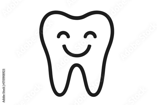 Smiling tooth character icon. Vector illustration for dental clinic logo. Concept of oral hygiene, stomatology and healthy teeth. Happy cute cartoon mascot for dentist.