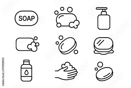 Soap line icon collection. Bar, liquid soap dispenser, bubbles and foam. Hand washing hygiene concept. Minimalist vector pictogram set for web design, apps, UI, UX and print.