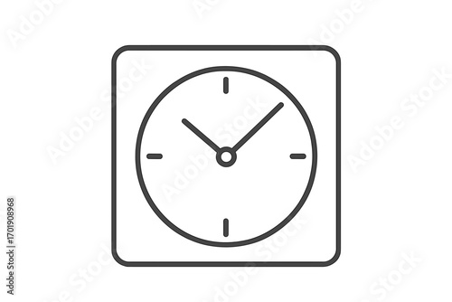 Square clock icon, minimalist time symbol. Thin line art for web design, apps, UI. Simple timer, watch, schedule pictogram. Vector illustration isolated on transparent background.