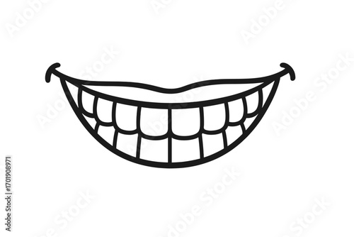 Wide cartoon smile with white teeth vector line icon. Happy mouth expression for dental care, oral hygiene or happiness concept. Simple black and white drawing illustration.