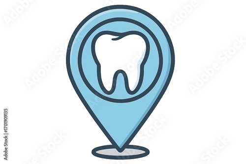 Dental clinic location concept. Find a dentist search icon. Tooth in a map pin pointer. Stomatology and oral health care navigation marker symbol. Vector for apps and web.