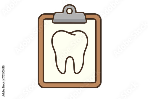 Dental health record concept. Tooth icon on a clipboard. Medical history form for dentist or orthodontist. Stomatology checkup and treatment plan vector illustration.