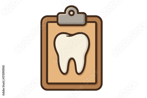 Dental health report concept. Tooth on a clipboard icon. Vector for dentist, stomatology, oral hygiene, treatment plan. Medical diagnosis, patient record, checkup cartoon symbol.