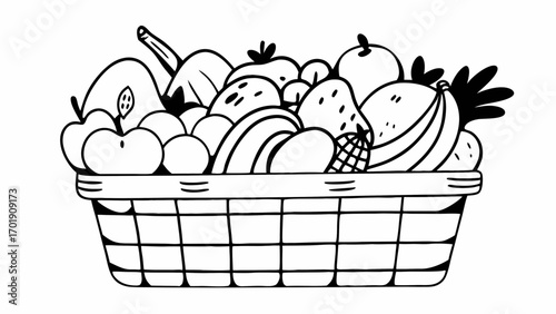 Illustration of a basket overflowing with various fruits including apples bananas and pineapple in black and white created with generated ai 