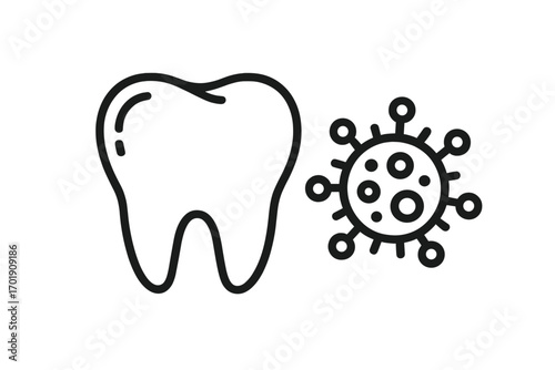 Tooth with virus icon. Dental caries, decay concept. Bacteria, germ, and infection symbol. Oral hygiene and health. Stomatology, microbiology. Dentistry pictogram for web.