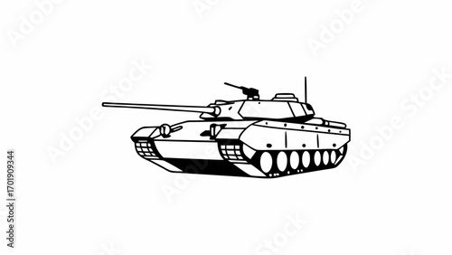 Illustration of a tank with a long barrel and an antenna, in black and white outline style created with generated ai 