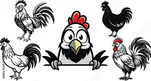 Five Roosters and Chicken Illustrations Black and White poultry bird