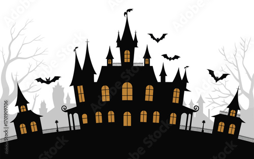 Spooky haunted mansion with bats and smaller houses on a hill