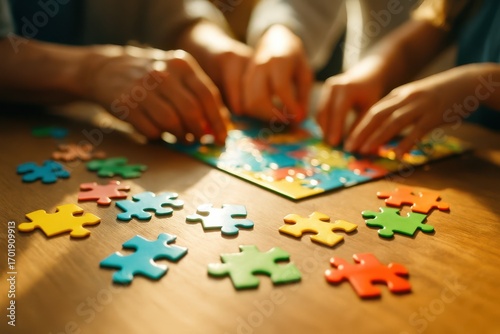 Close-up of family hands assembling colorful jigsaw pieces on a wooden table, a cozy wintertime indoor pastime that fosters teamwork, focus, and calm.