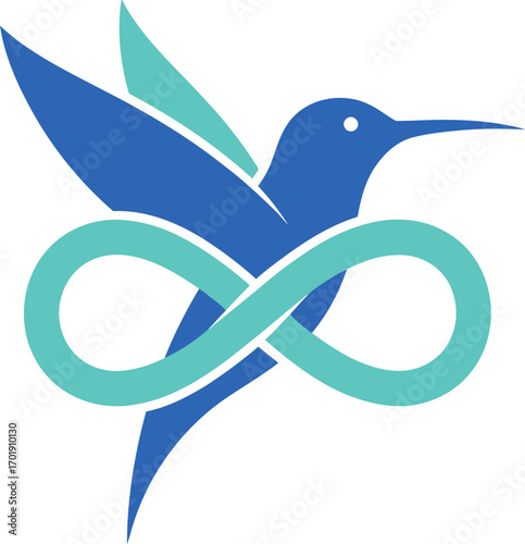 A stylized blue hummingbird with its wings spread, intertwined with a teal infinity symbol logo.