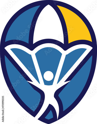 A stylized graphic logo of a person with open arms parachuting under a blue, white, and yellow canopy.