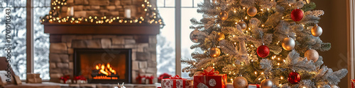 Wunderschön geschmückter Weihnachtsbaum mit funkelnden Lichtern und Ornamenten, umgeben von Geschenken vor einem knisternden Kamin in einem gemütlichen Wohnzimmer