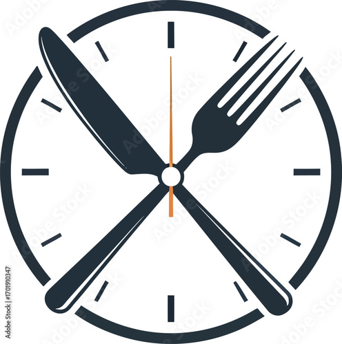 A stylized clock face with a crossed knife and fork serving as hands, representing mealtime and dining.
