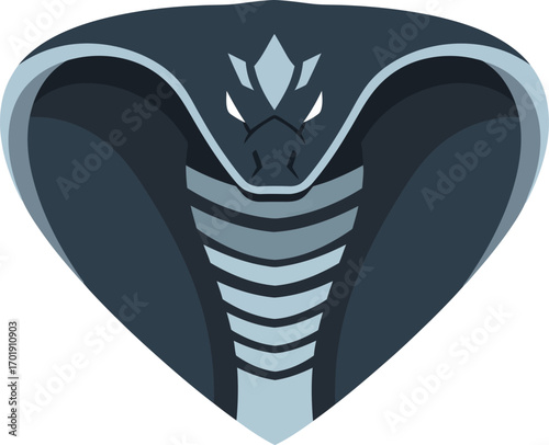 A modern, stylized illustration of an aggressive cobra snake head with its hood flared, designed as a geometric emblem.