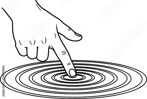 A human finger touches the water's surface, creating concentric ripples spreading outwards.