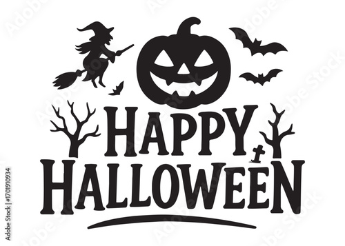 happy halloween logo silhouette vector, halloween vector logo illustration, halloween banner silhouette vector logo, spooky night halloween design logo silhouettes vector on white background. 