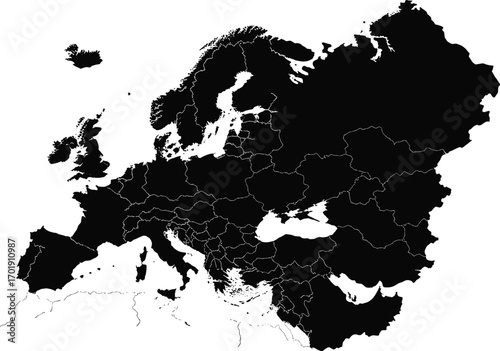 Europe map black silhouette vector, political country borders outlined, printable European map design, blank continent illustration, simple editable geography template