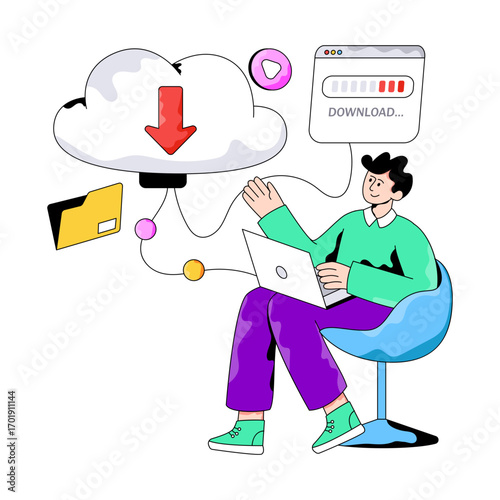 Conceptual flat design illustration of cloud downloading
