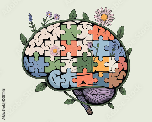 Brain made of colorful puzzle pieces with flowers and leaves
