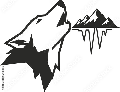 A stylized black and white graphic of a wolf's head howling towards a snowy mountain range.