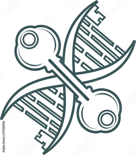 A stylized line art icon of two crossed keys with their bits forming a DNA double helix structure.