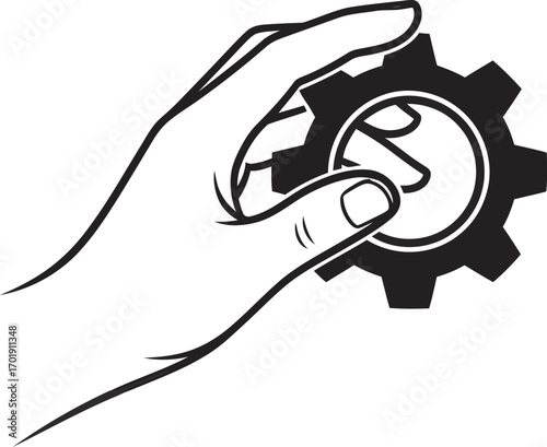 A simple black and white line art drawing of a human hand carefully holding a single industrial cogwheel.
