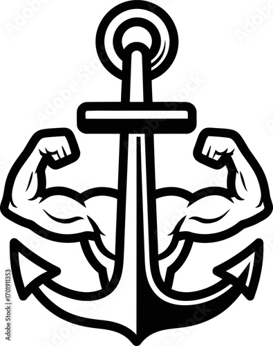 A stylized black and white nautical anchor emblem with two strong, muscular arms flexing biceps.