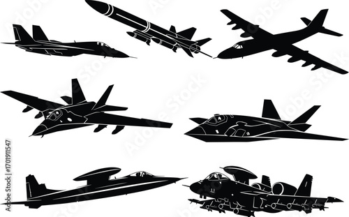 Military aircraft silhouette vector illustration, fighter jets, bomber planes, stealth aircraft, combat airplanes, aviation technology, air force, warplanes, defense, aerial vehicles concept