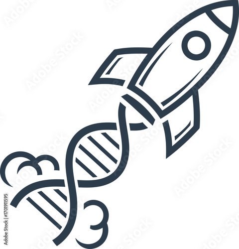 A rocket launches with a DNA double helix as its exhaust, symbolizing rapid progress in genetics and biotechnology.